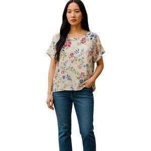 Bellambra Colorful Floral 100% Linen Short Sleeve Tunic Top Size Large